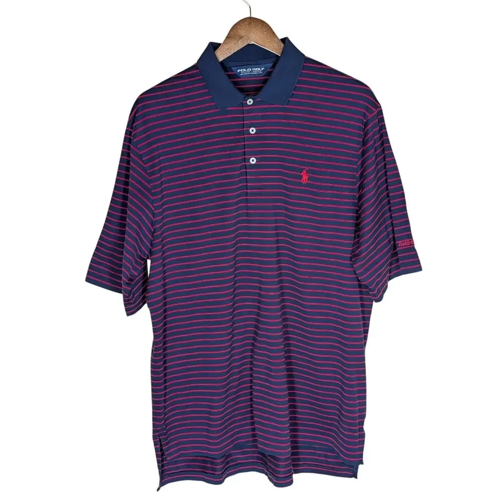 Polo Golf Ralph Lauren Mens Shirt Navy Red Stripe Pima Cotton Short Sleeve Large